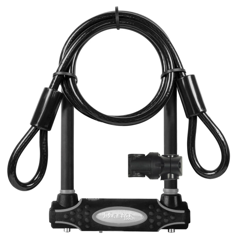11cm wide hardened steel u lock with 21cm shackle length with 1,2m long x 10mm diameter end looped cable; black