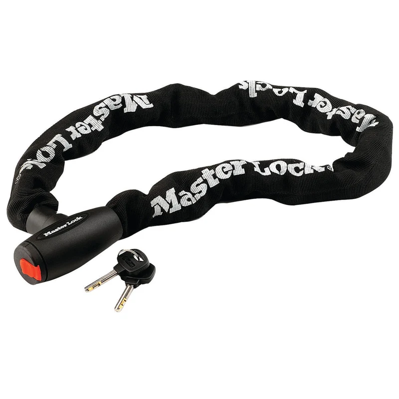 1m long x 10mm hardened steel chain with integrated keyed lock; black