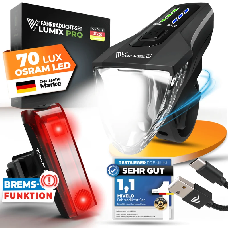 Fahrradlicht Set 70Lux mit Bremslicht