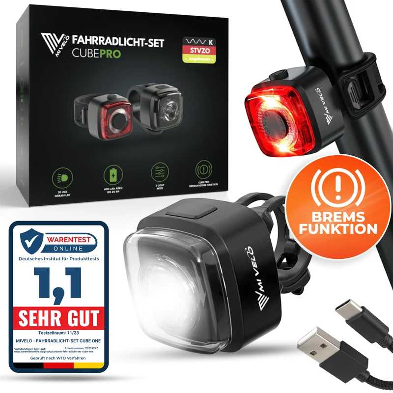 Fahrradlicht Set 30Lux mit Bremslicht „CUBE PRO“