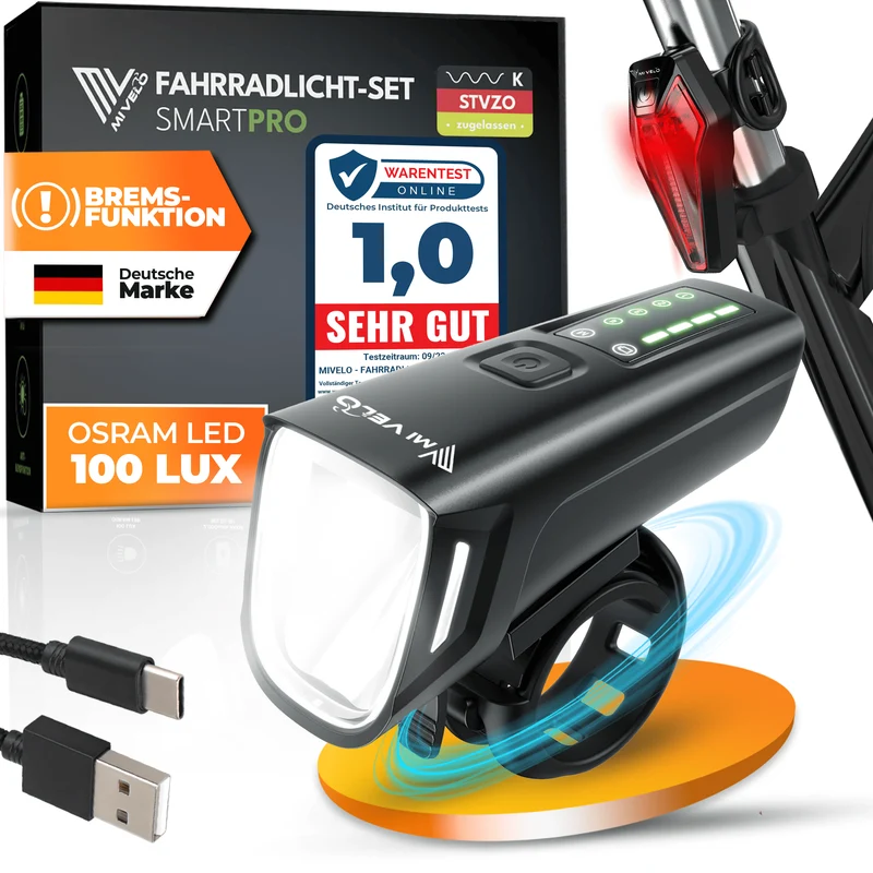 Fahrradlicht Set 100Lux mit Bremslicht „SMART PRO“