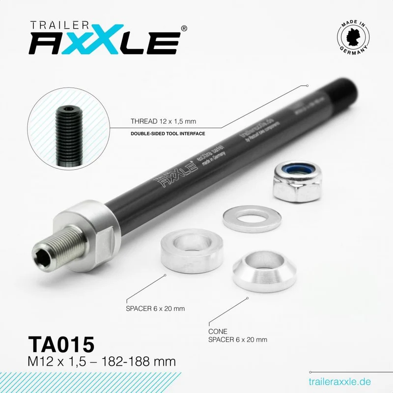 RADOXX Trailer AxXle TA015 Steckachse M12x1,5 182-188mm - TÜV-geprüft, Made in Germany