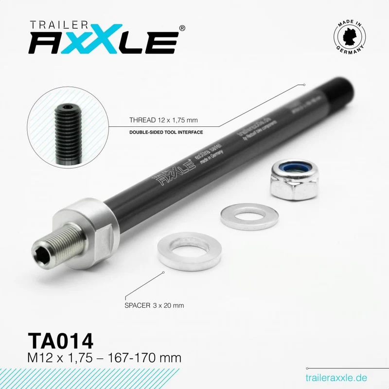 RADOXX Trailer AxXle TA014 Steckachse M12x1,75 167-170mm - TÜV-geprüft, Alu/Edelstahl, für 12x142/148mm Hinterrad, Made in Germany