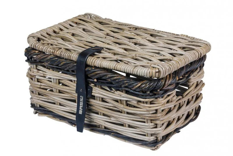 Basil Dijon S Vorderradkorb Rattan grau schwarz mit Deckel - handgeflochten, robust, Fahrradkorb vorne