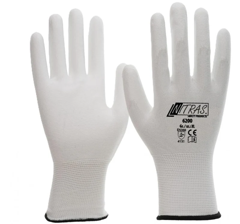 NITRAS 6200 PU Feinstrickhandschuh Gr. 6 - Weiß, Nylon, PU-Beschichtung, EN 388 4131X, PSA Kat. II