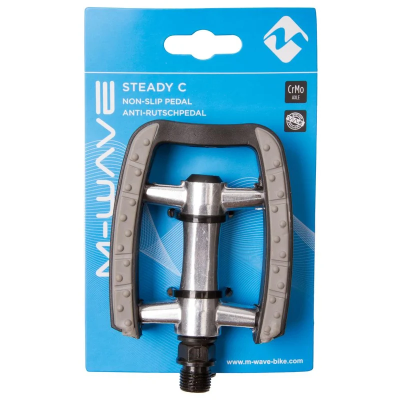 M-WAVE Steady-C Antirutschpedale 1 Paar silber-schwarz - Aluminiumkörper mit Thermokunststoffkäfig, CrMo-Achse 9/16\", gedichtete Kugellager, Trittfläche 95x80 mm, Antirutschauflage, Reflektoren, StVZO zugelassen