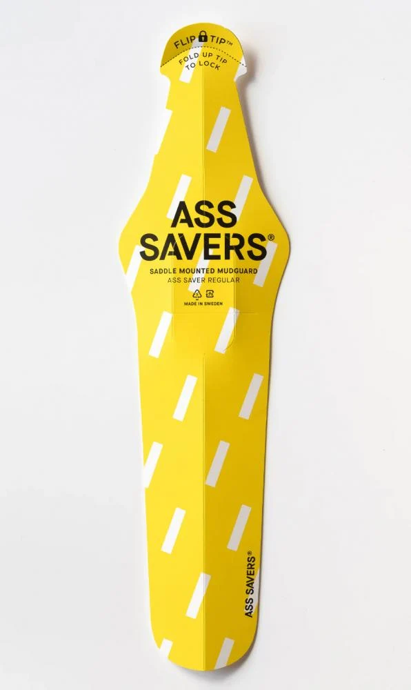 Ass Savers ASR-1 Regular Spritzschutz, Bold Rain Yellow, 19g, 380x102mm, für Reifen 23-35mm, FLIP-TIP Befestigung, hält dich trocken