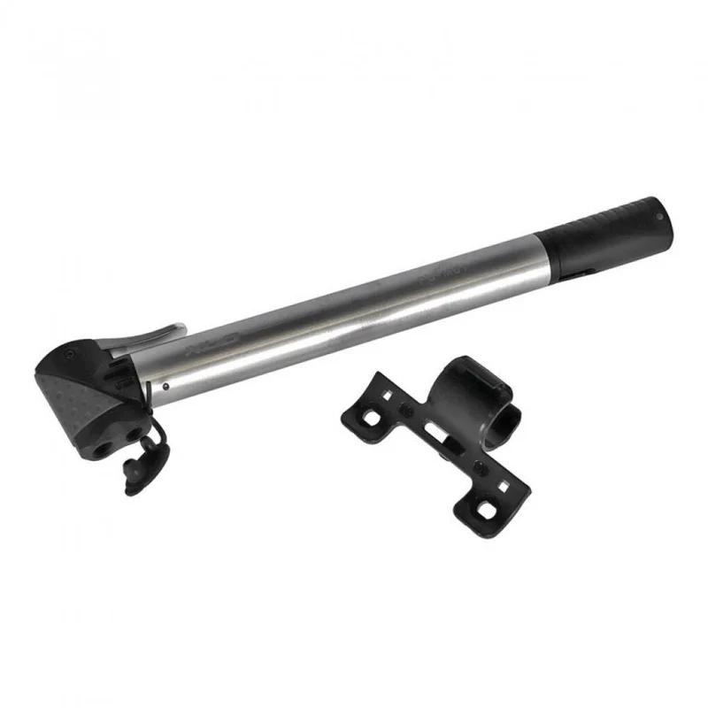 XLC Minipumpe Alpha PU-M01, silber, Aluminium, 265 mm, Dualkopf, max. 6 bar, kompatibel mit Schrader-, Dunlop- und Presta-Ventilen, inkl. Universalhalterung und Gummiband